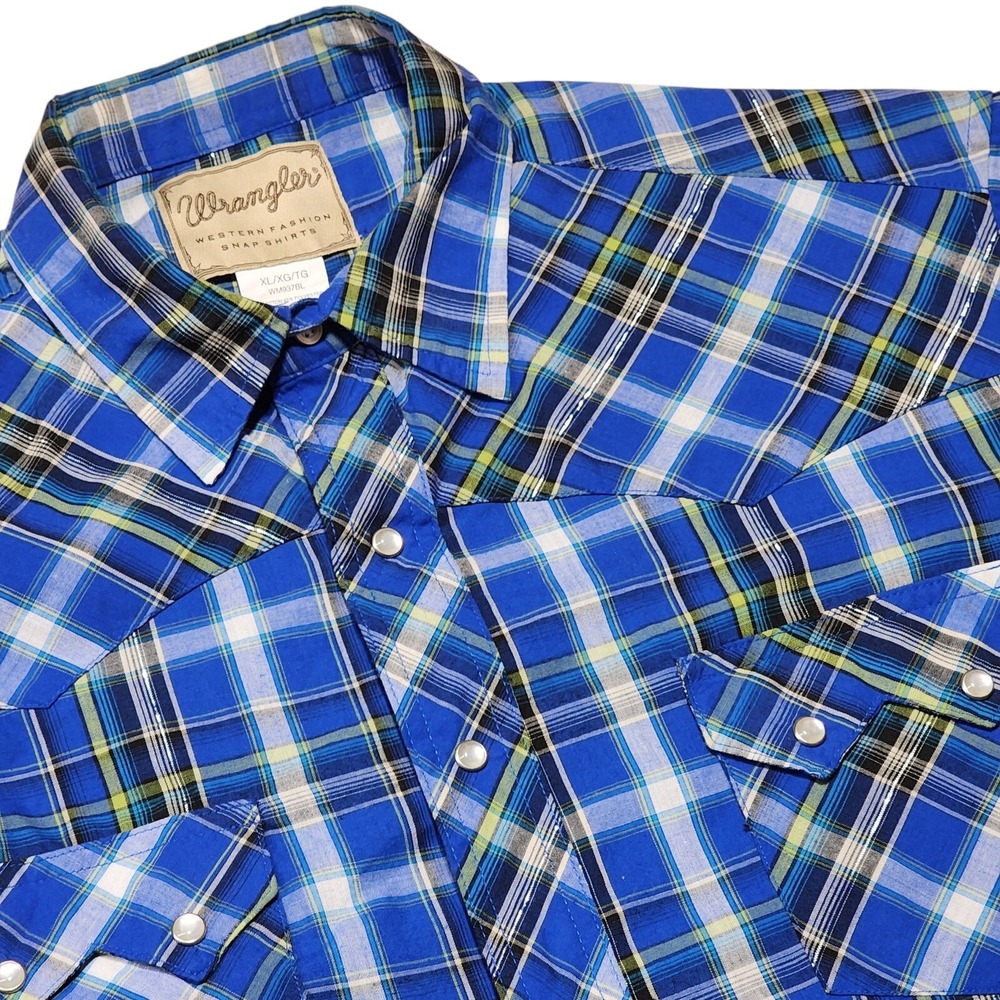 Wrangler Western Snap Shirt Mens XL Blue Plaid Pearl Snap Short Sleeve WM937BL